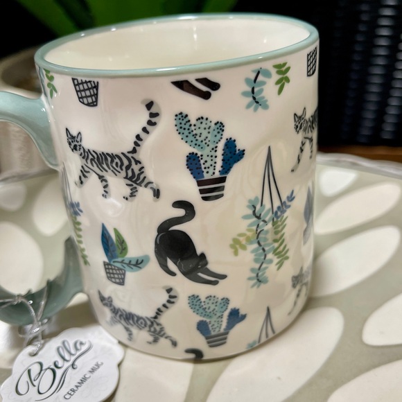 Black Cat & Tabby Cat With Cactus Bella Sage Ceramic Coffee Mug NWT - Picture 2 of 6
